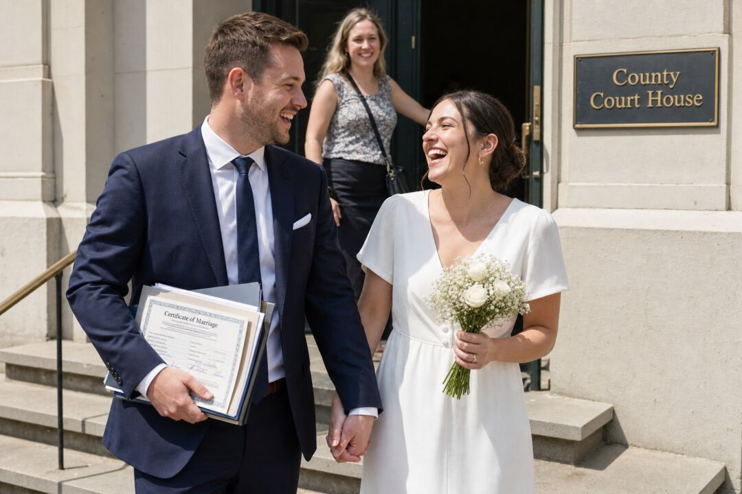 A couple in their late twenties on the steps outside a county courthouse just after their ceremony.