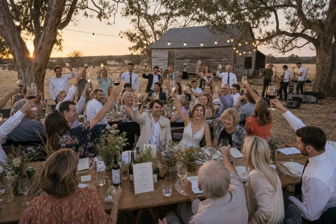 A country wedding reception in full swing at dusk: a long trestle table under festoon lights strung between two gum trees in a paddock.