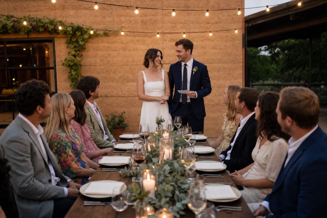 An intimate outdoor dinner for twelve at a country property.