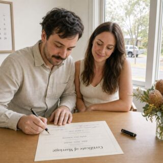 A man and woman smile while reviewing a Certificate of Marriage document at a wooden table near a window.