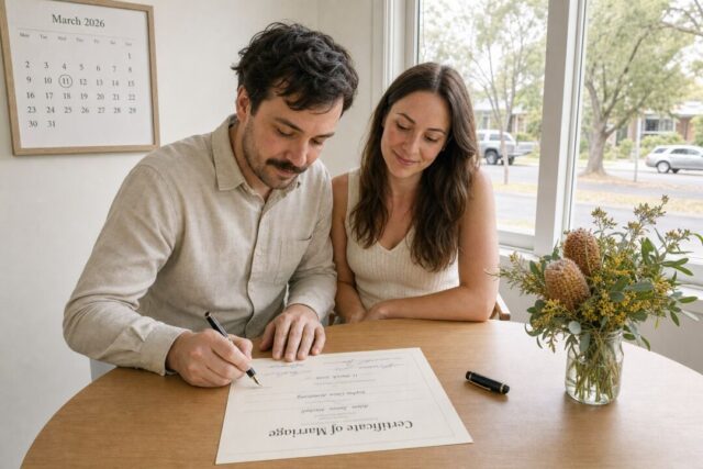 A man and woman smile while reviewing a Certificate of Marriage document at a wooden table near a window.