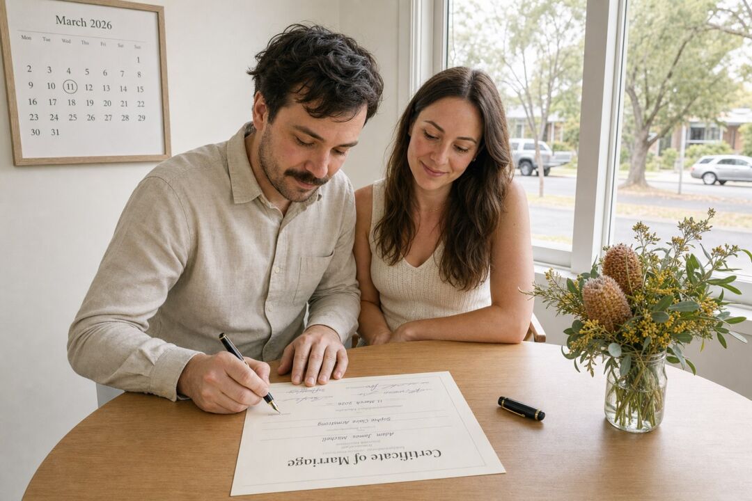 A man and woman smile while reviewing a Certificate of Marriage document at a wooden table near a window.