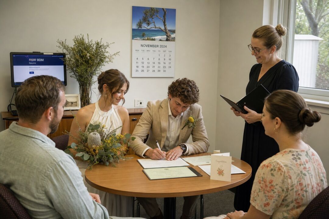A simple government registry office ceremony room with a small signing table, plain chairs for two witnesses.