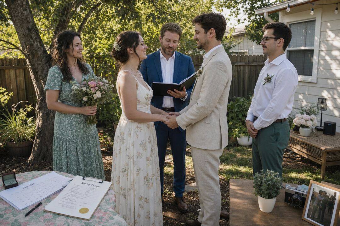 A bride and groom exchange vows with an officiant in a sunny backyard garden surrounded by family and wedding stationery on display.