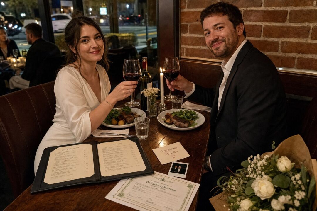 A couple at a low-key dinner for two the evening after a registry signing, wine glasses raised, no wedding decor, genuinely relaxed expressions.