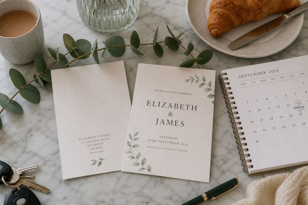 Two printed marriage announcement cards resting on a marble surface, one face-up showing a couple's names and wedding date in clean serif type.