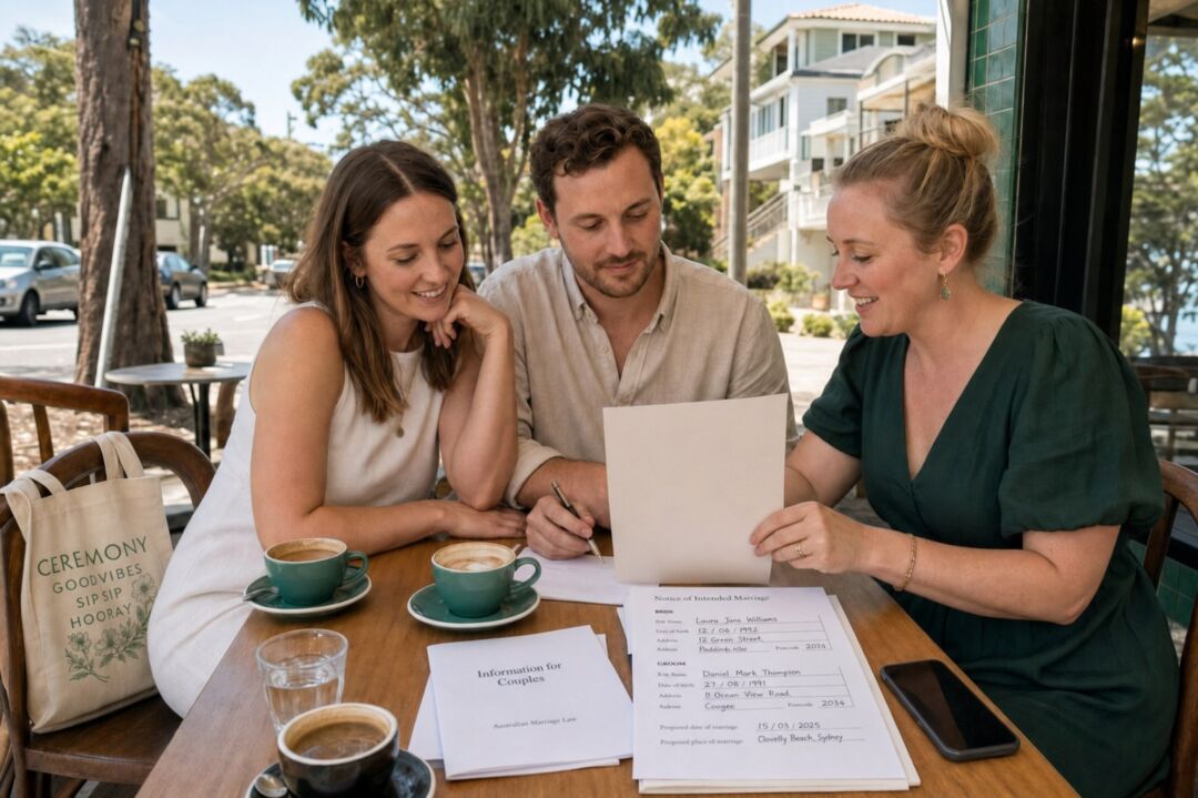 A couple reading through their ceremony running order with their celebrant at an outdoor cafe table.