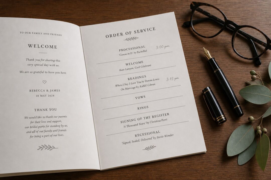 A close-up of an open wedding ceremony order-of-service booklet on a timber surface.