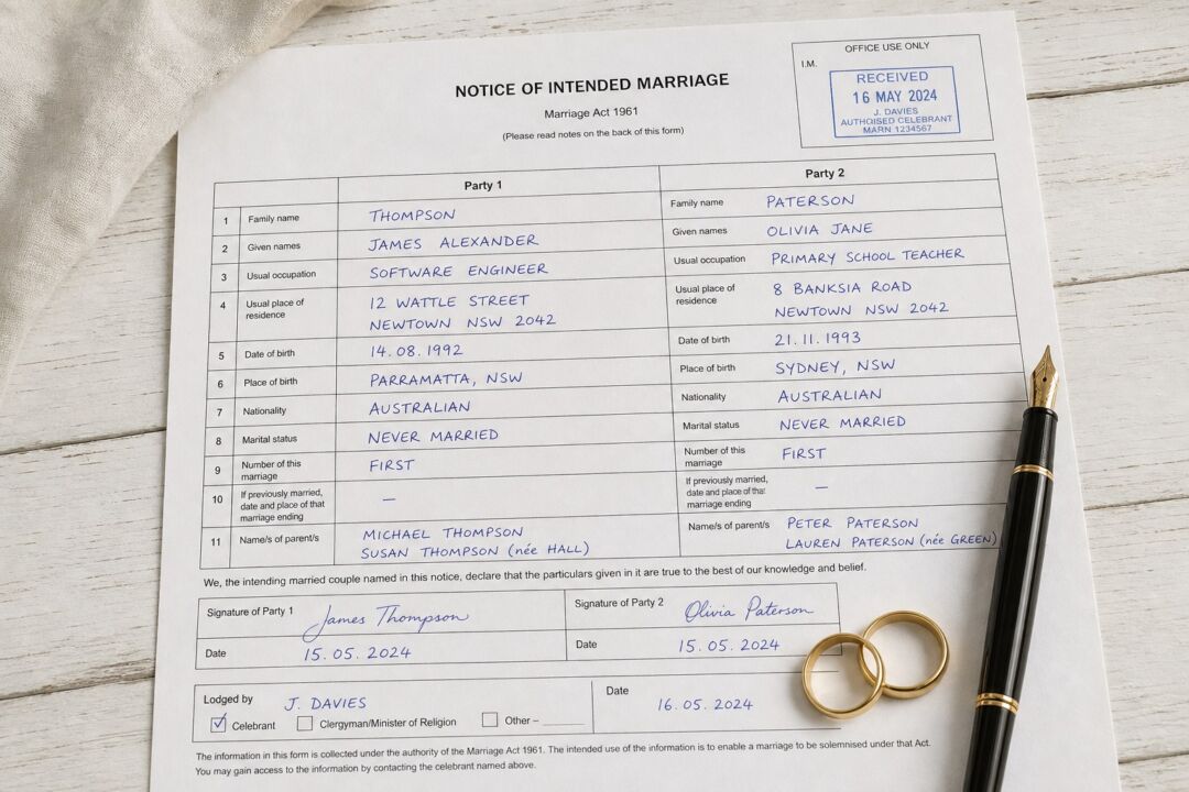 An overhead close-up of a lodged Australian Notice of Intended Marriage on a white timber desk.