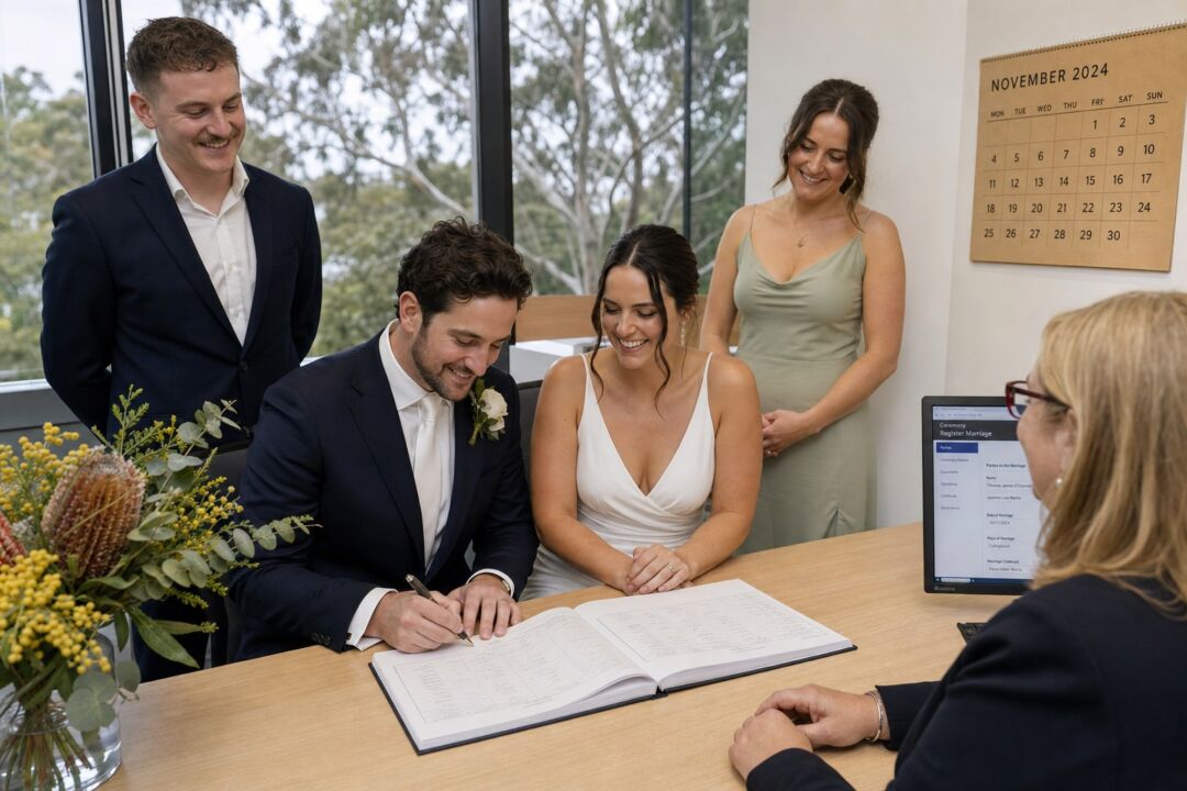 A bride and groom sign a register at a desk while witnesses look on in a modern office with floor-to-ceiling windows.