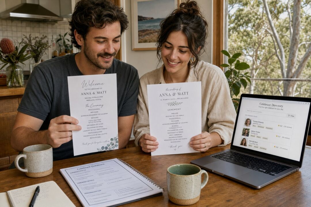 A couple in their late twenties at a kitchen table in an Australian home comparing two printed ceremony programs side by side.