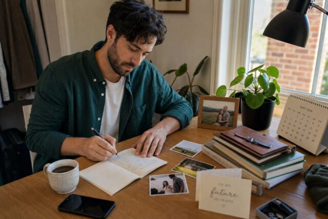 A person sitting at a simple wooden desk writing wedding vows by hand in a small notebook, morning light coming through a window.