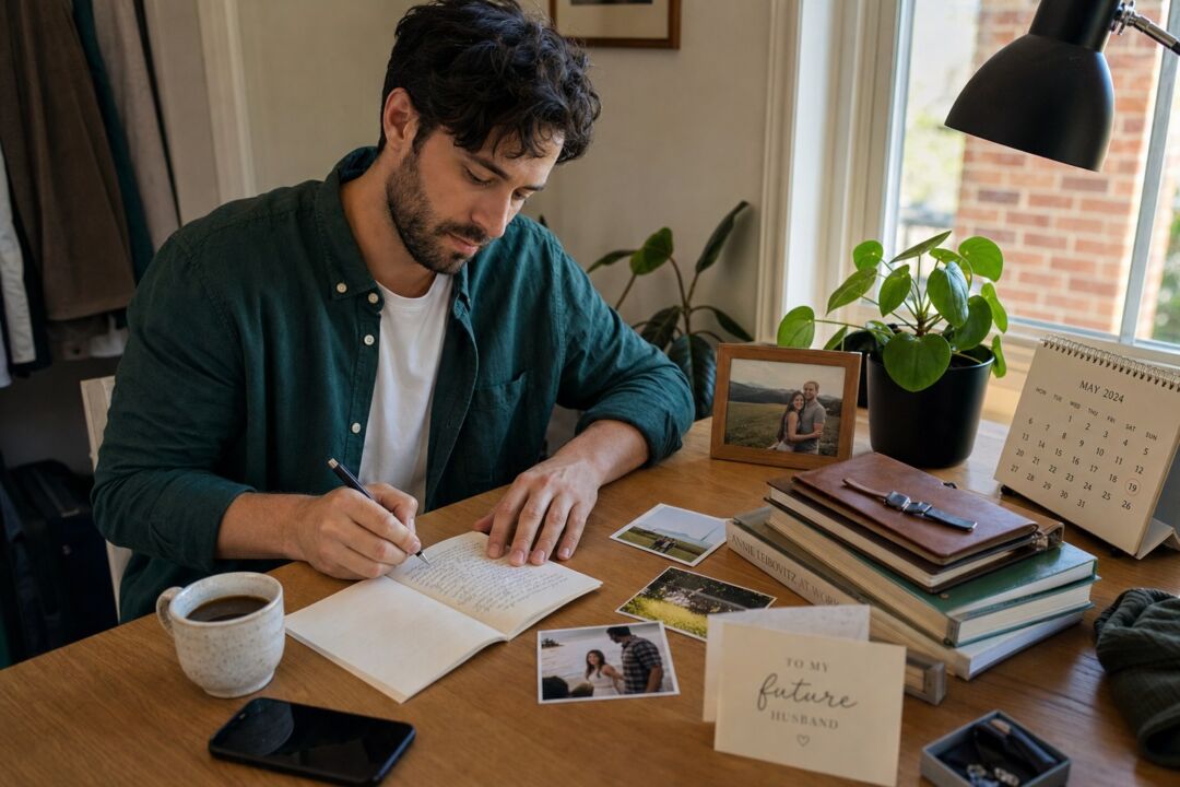 A person sitting at a simple wooden desk writing wedding vows by hand in a small notebook, morning light coming through a window.