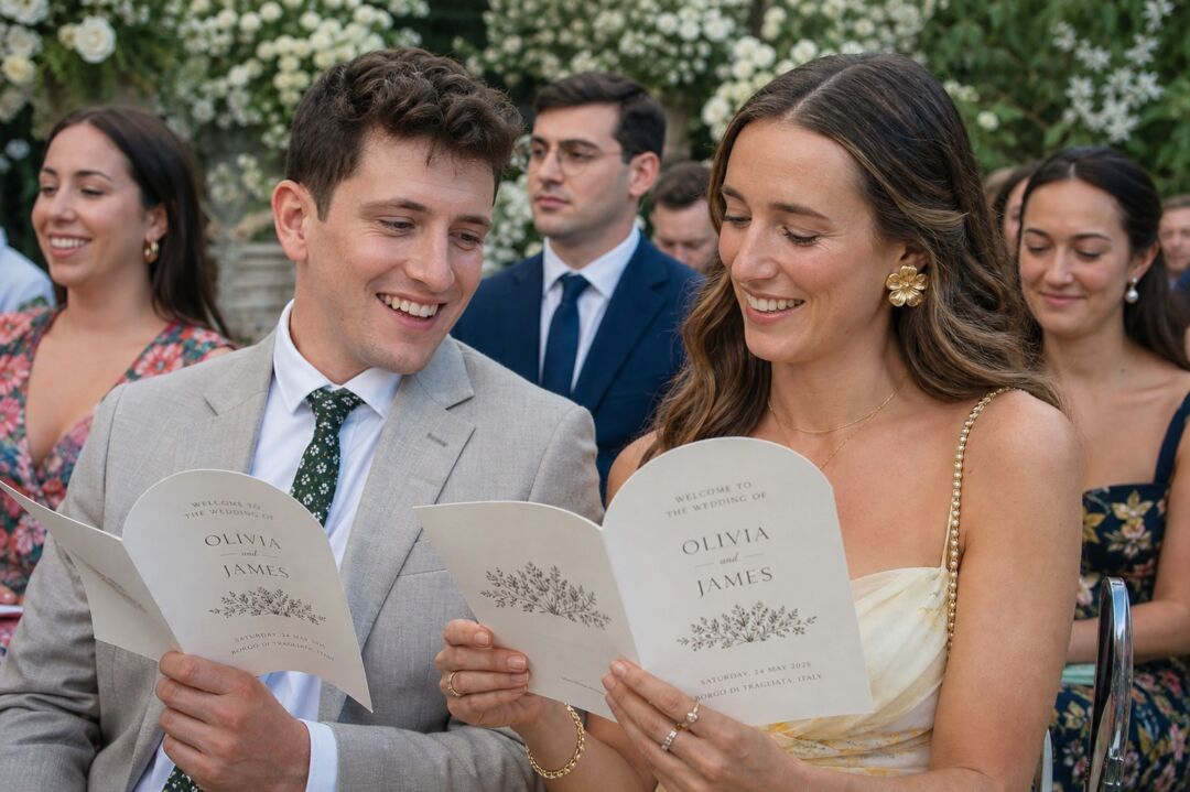 Elegant hand-held wedding ceremony program booklets with arched edges showing text, being held against soft floral backdrop at a ceremony.