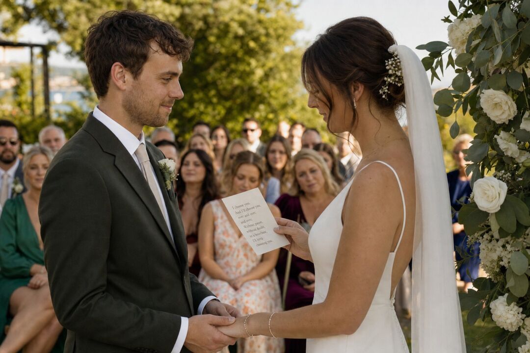 Two people in their late twenties in wedding attire standing close and facing each other at an outdoor ceremony, hands clasped between them.