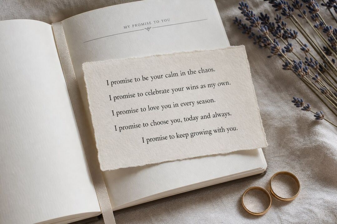 A close-up of a printed vow card resting inside an open vow book with a ribbon marker, on pale linen beside two gold wedding bands.