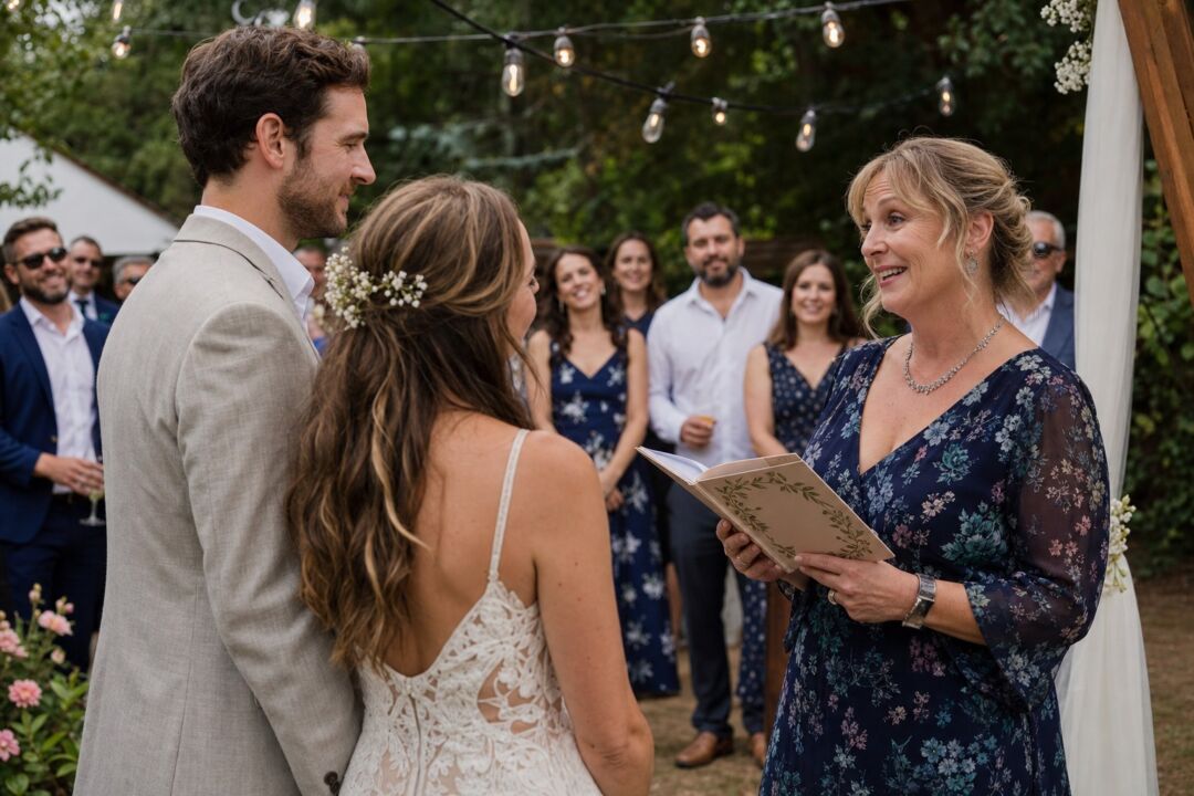 A woman in her 40s holding a small ceremony booklet and speaking warmly to a couple standing close together at an outdoor vow renewal.
