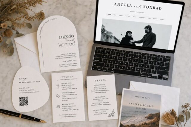 A Paperlust wedding invitation suite laid on marble beside a laptop showing the couple's Paperlust wedding website.