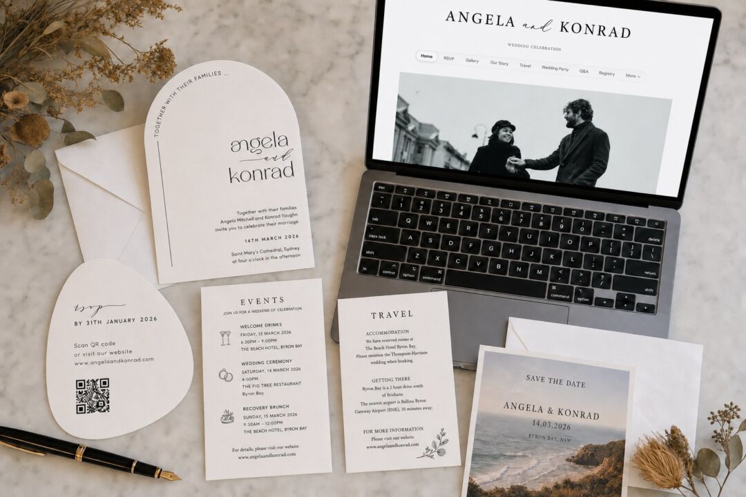 A Paperlust wedding invitation suite laid on marble beside a laptop showing the couple's Paperlust wedding website.