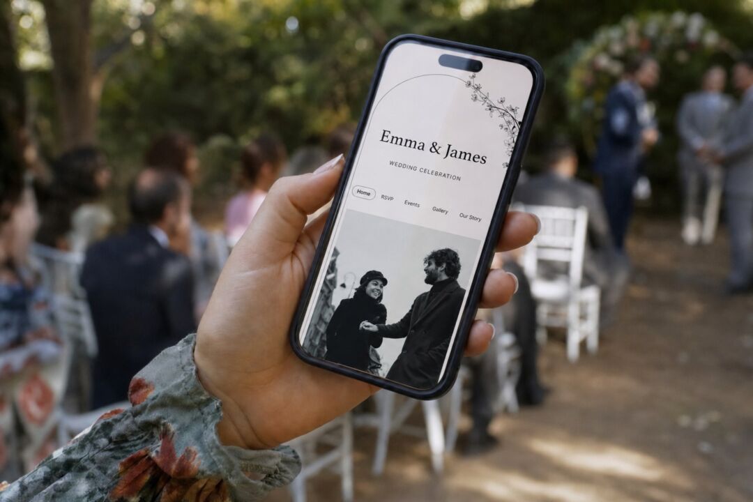 A hand holds a smartphone displaying a wedding website for Emma and James at an outdoor ceremony with guests seated in the background.