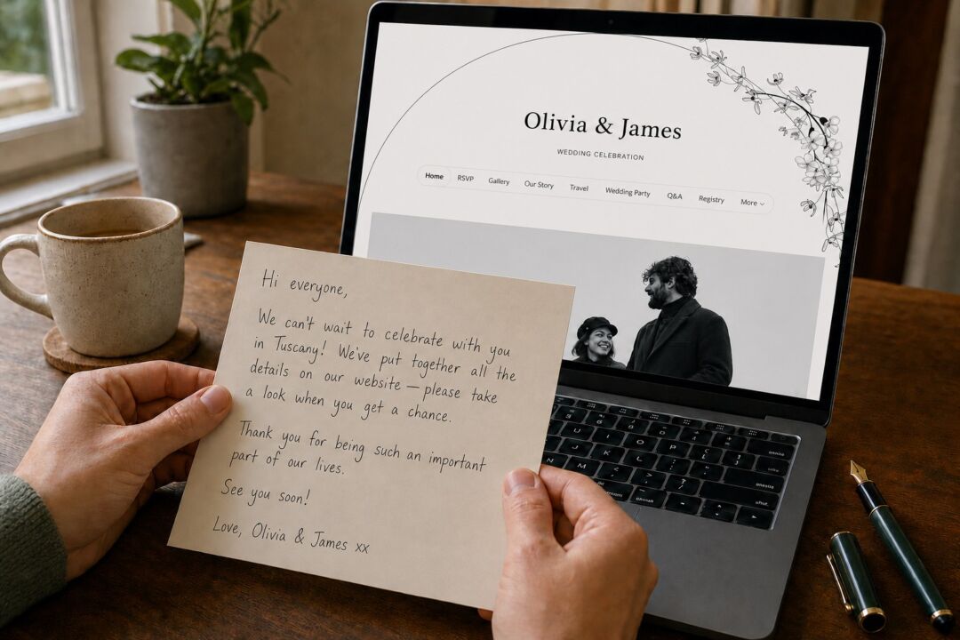A handwritten welcome note held in front of a laptop showing a Paperlust wedding website home page.