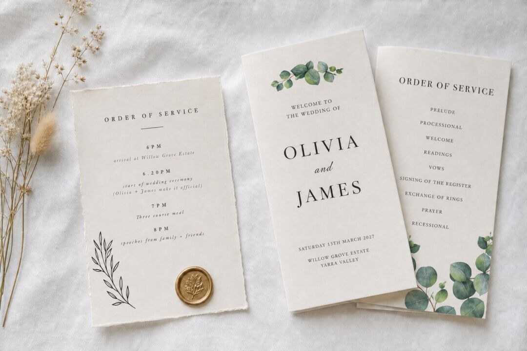 A flat lay of Paperlust wedding programs: the Luna order of service card beside a folded Eucalyptus program, both naming Olivia and James