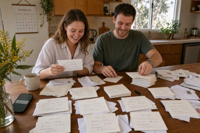 A couple at their kitchen table sorting a pile of returned wedding reply cards, each filled in by a different hand.
