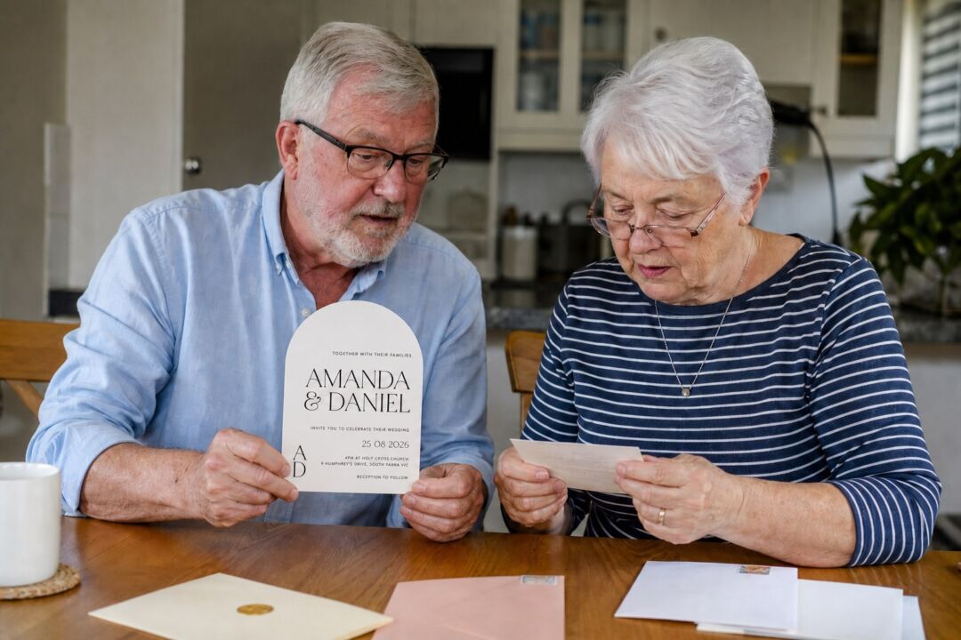 An older couple at their kitchen table reading a printed Paperlust wedding invitation and its reply card.