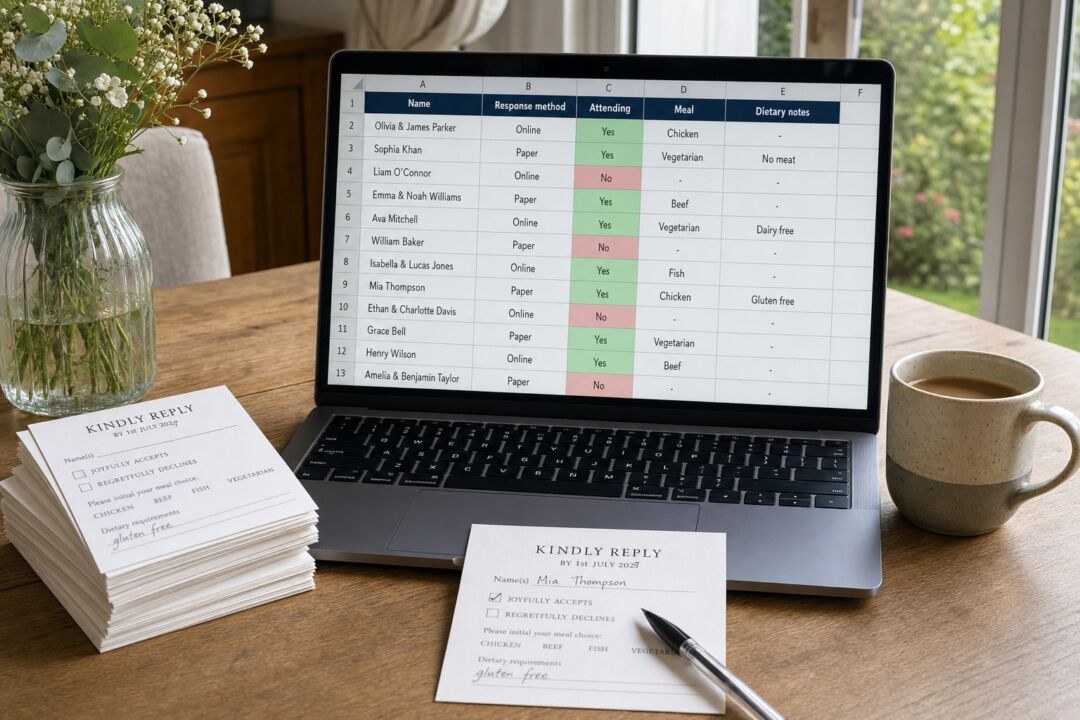 A laptop on a timber table showing a wedding RSVP tracking spreadsheet beside a stack of printed Paperlust reply cards reading kindly reply by 1st July 2027