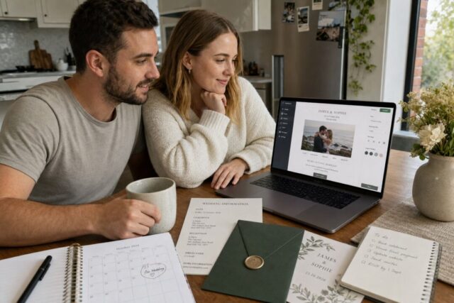 A couple sitting together at a kitchen table, laptop open to a wedding website builder with a draft site visible.