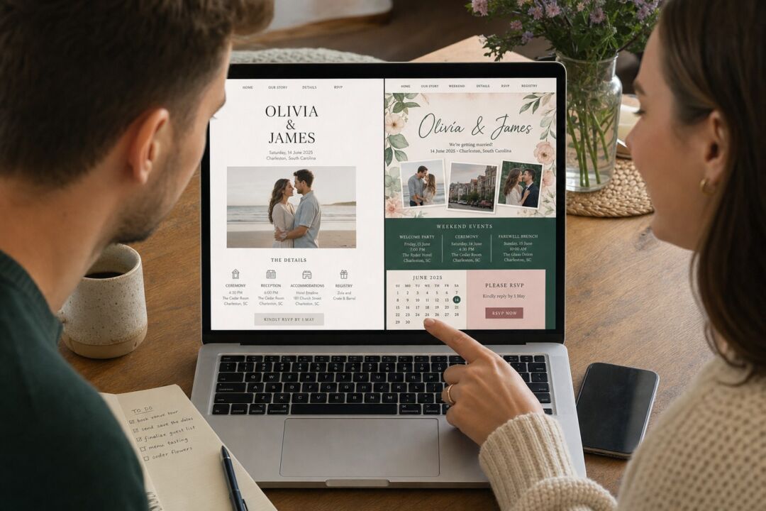 A split-screen showing two wedding website templates side by side, one with a clean minimalist design and one with a busier layout.