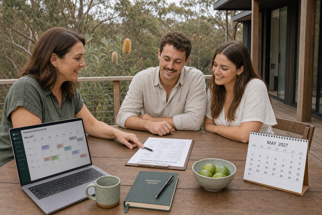 Three people review wedding plans at an outdoor wooden table with a laptop, calendar, notebook, and refreshments.