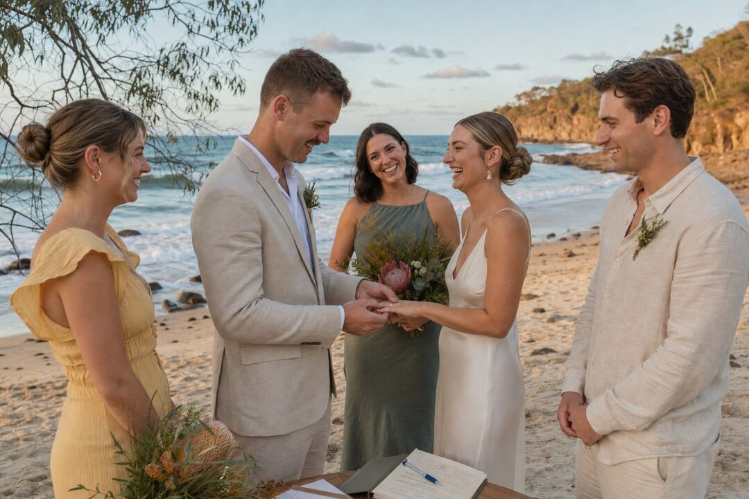 A couple and two witnesses at a remote Queensland beach, small ceremony in progress, waves and rocky headland visible in the background.