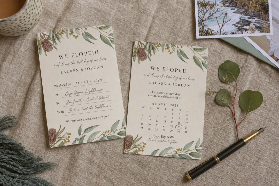 Two cream elopement announcement cards with a delicate native Australian botanical border laid flat on linen fabric.