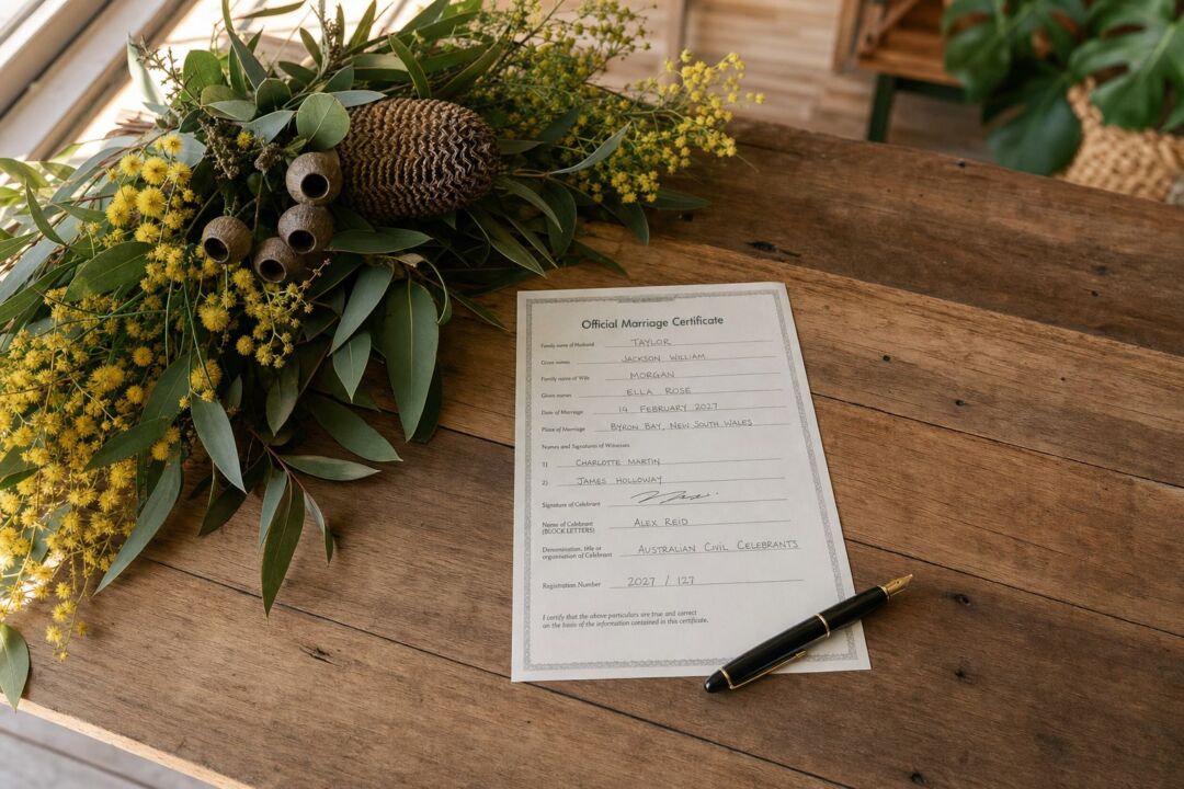 An open official marriage certificate resting on a raw timber surface alongside a loose arrangement of native Australian wattle and eucalyptus.
