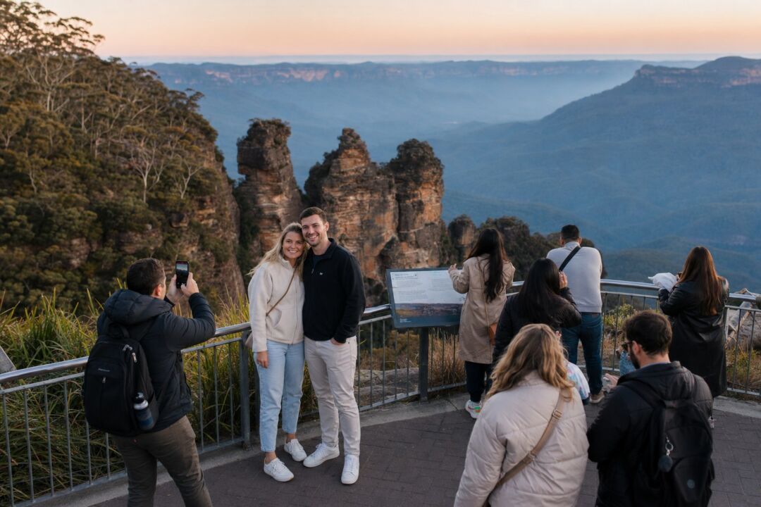 The Three Sisters sandstone rock formation in the Blue Mountains at sunrise, wide from Echo Point lookout, eucalyptus valley below.