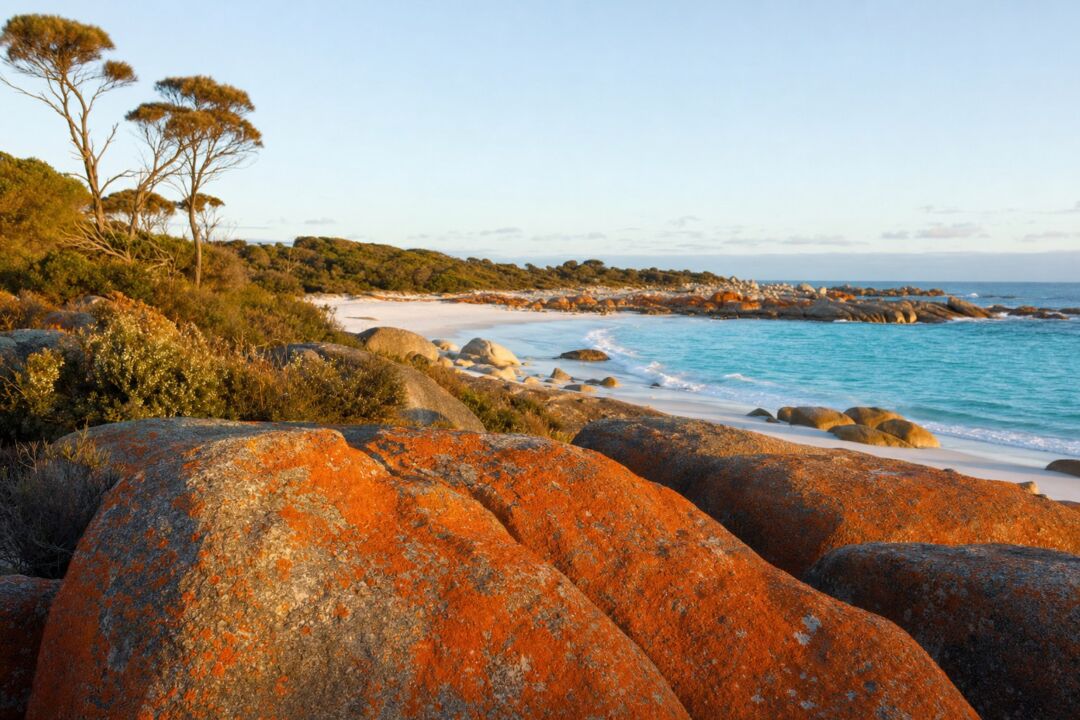 Orange lichen-covered granite boulders at Bay of Fires north-east Tasmania, turquoise water and white sand visible.