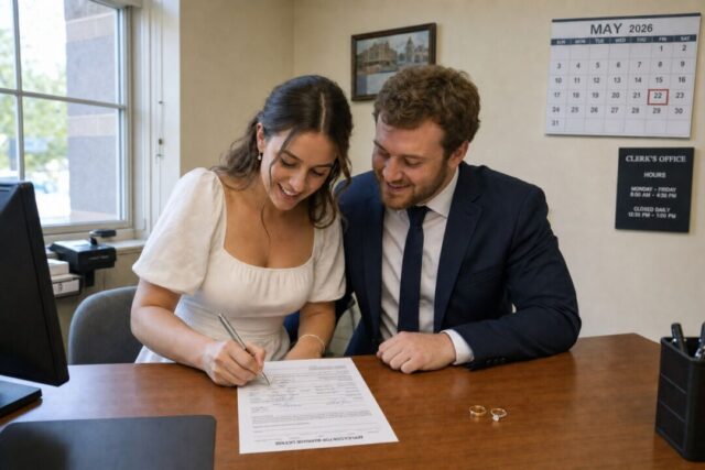 A couple in formal attire signs a marriage license at a wooden desk in a clerk's office, with wedding rings visible on the surface.