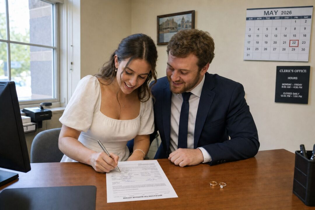 A couple in formal attire signs a marriage license at a wooden desk in a clerk's office, with wedding rings visible on the surface.