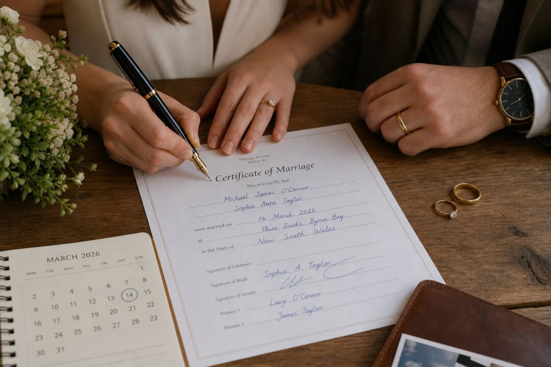 Close-up of a marriage license being signed, two hands visible, a fountain pen in hand, wedding rings resting on the table beside the document.