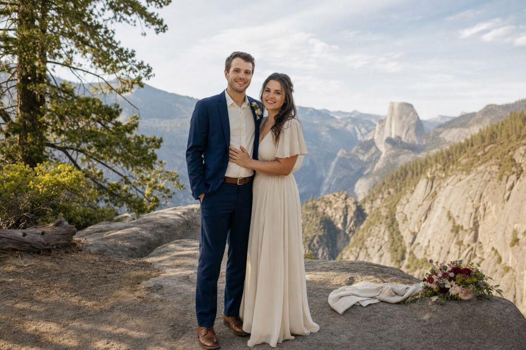 Couple standing on a rocky overlook in a national park, the woman in a flowing cream dress, a forested mountain valley behind them.