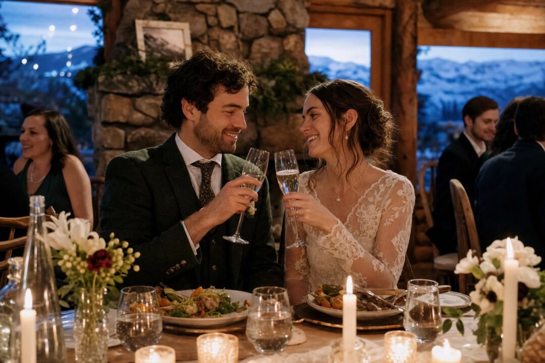Couple sharing a celebratory meal at a candlelit table in a mountain lodge after their ceremony, two champagne glasses raised in a toast.