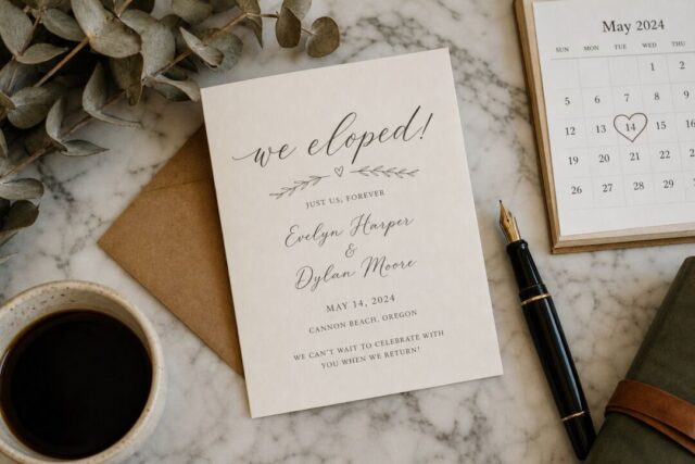 A printed elopement announcement card with clean script typography resting on a marble surface beside dried eucalyptus and a fountain pen.