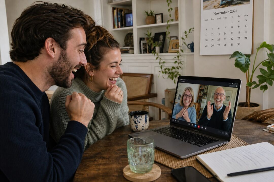 The older man on the video call holds up a small pale print that reads as an ultrasound scan, in an elopement-announcement article.