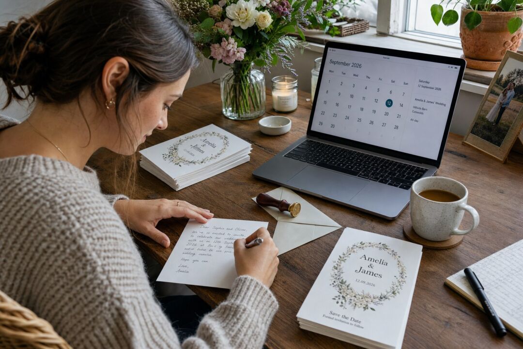A person writing a handwritten note at a desk beside a small stack of printed announcement cards and an envelope with a wax seal.