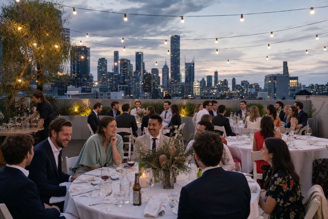 Rooftop wedding reception in inner-city Melbourne, thirty guests at round tables under market lights.