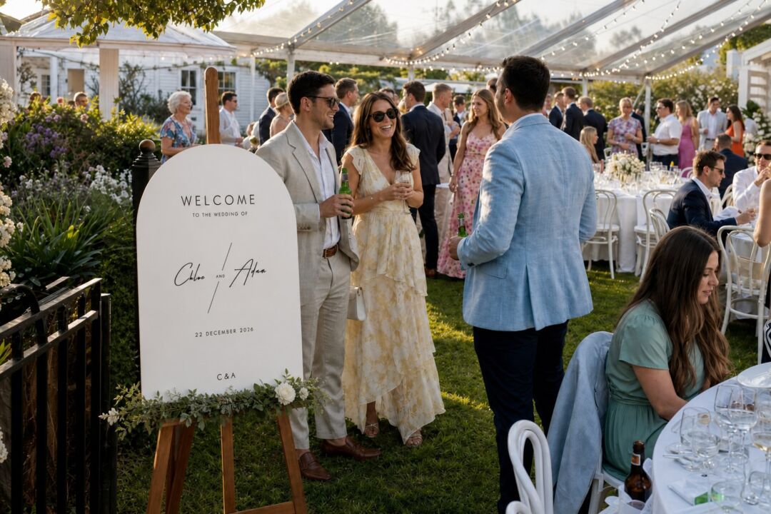 An elegant outdoor wedding reception features a white oval welcome sign displaying 'Welcome to the Wedding of Chloe and Adam'.