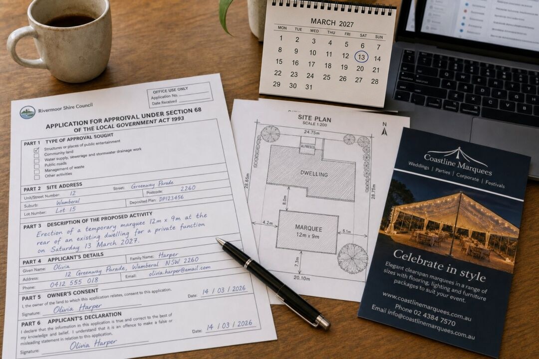 A council Section 68 application to erect a marquee for a private function, filled in on a desk beside the site plan and a March 2027 desk calendar with the 13th ringed