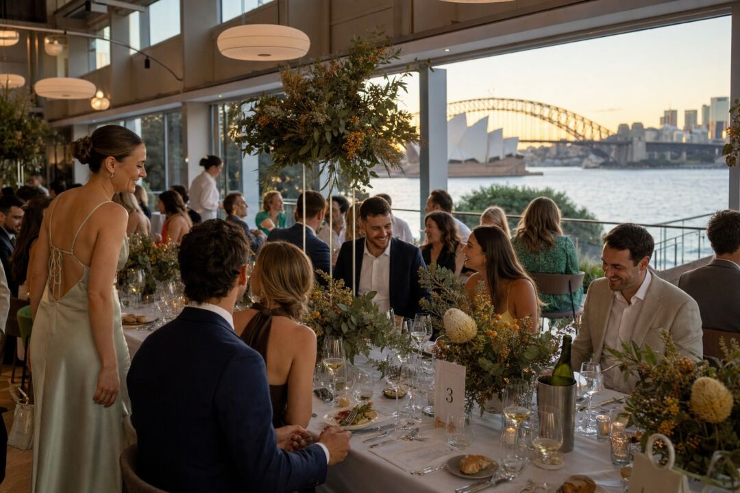 A high-ceilinged Sydney reception venue with floor-to-ceiling windows overlooking the harbour at sunset.