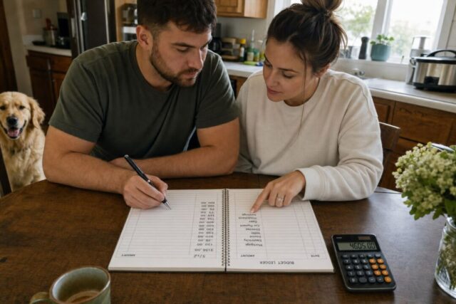 A couple reviews a budget notebook together at their kitchen table with a calculator and golden retriever nearby.